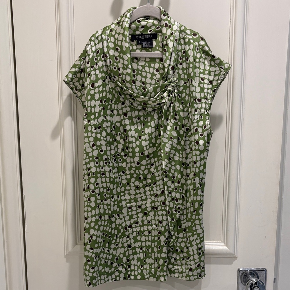ETCETERA Green,brown and creme Silk Blouse with built in collared scarf.